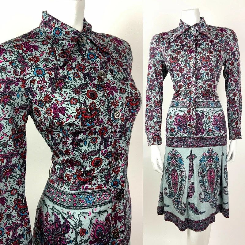 VINTAGE 60s 70s GREY PINK BLUE FLORAL PAISLEY FLORAL DITSY DAGGER SHIRT DRESS 12