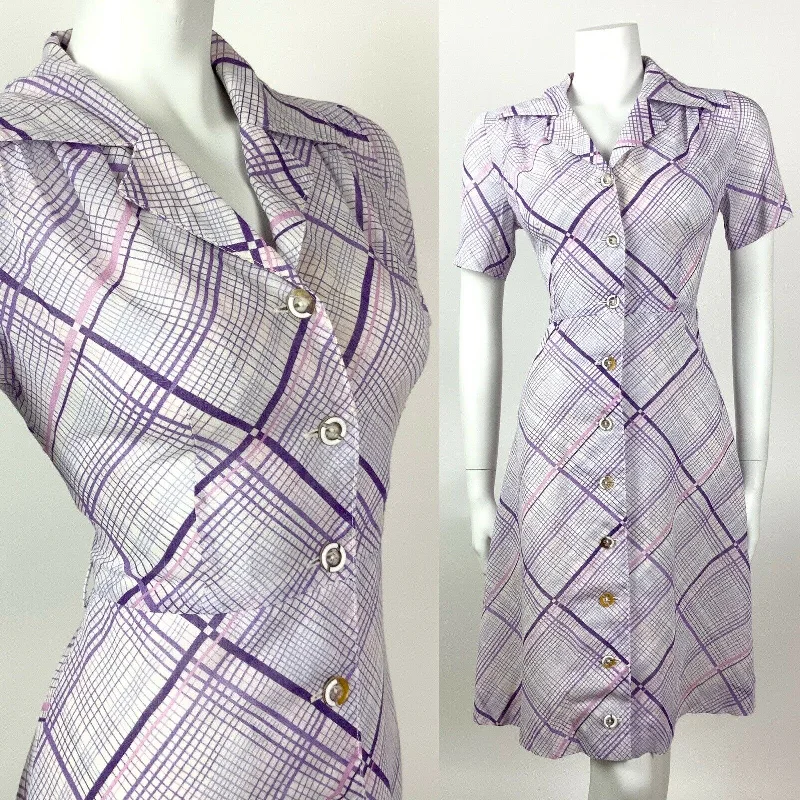 VINTAGE 60s 70s LILAC PURPLE WHITE GRID CHECKED DAGGER SHIRT DRESS 10 12