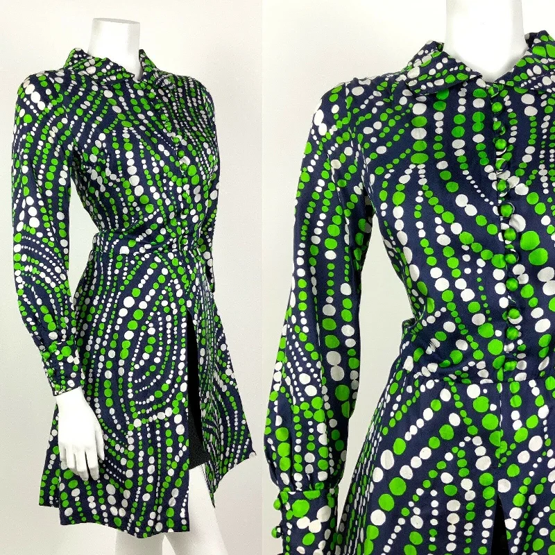 VINTAGE 60s 70s NAVY BLUE GREEN WHITE DOTTY WAVY MOD SPLIT SHIRT DRESS 10