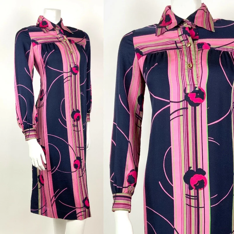 VINTAGE 60s 70s NAVY BLUE PINK GREEN STRIPED FLORAL DAGGER SHIRT DRESS 10 12