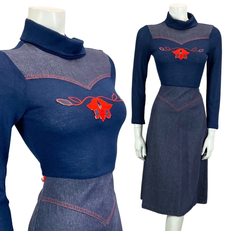 VINTAGE 60S 70S NAVY BLUE RED TURTLE NECK MOD MIDI DRESS 8