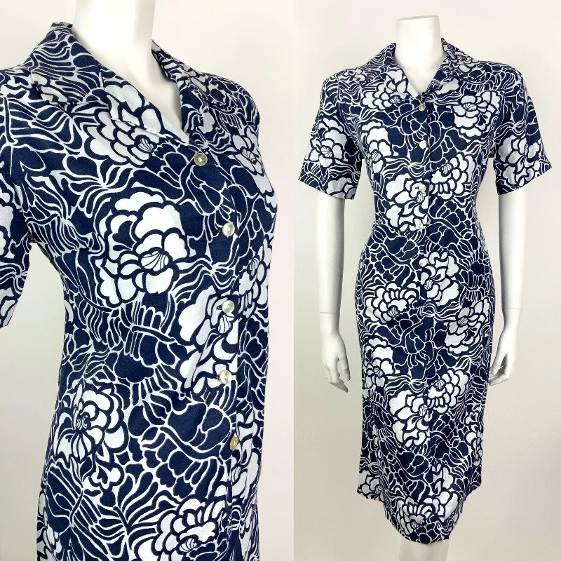 VINTAGE 60s 70s NAVY BLUE WHITE FLORAL LEAFY PSYCHEDELIC SHIRT DRESS 14 16