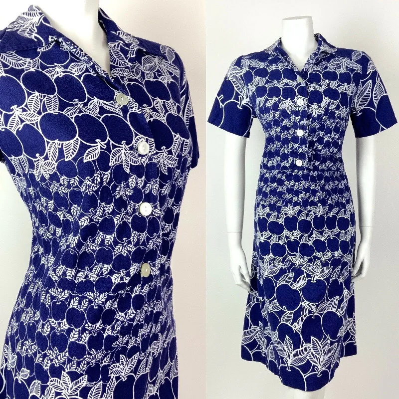 VINTAGE 60s 70s NAVY BLUE WHITE FRUITY APPLE DAGGER COLLAR SHIRT DRESS 10 12