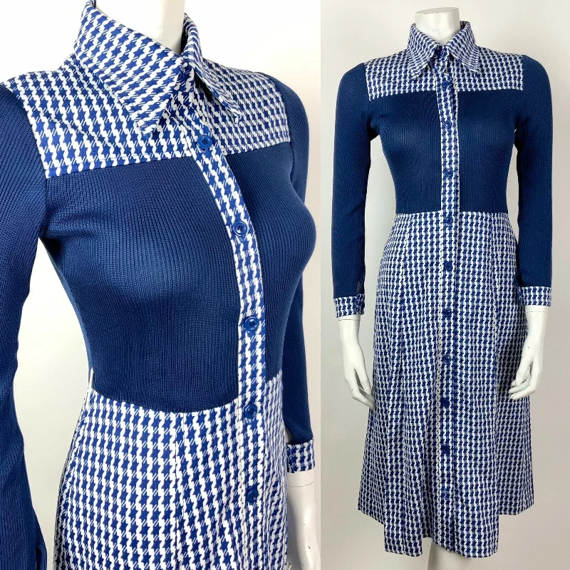 VINTAGE 60s 70s NAVY BLUE WHITE HOUNDSTOOTH DAGGER COLLAR SHIRT DRESS 8 10