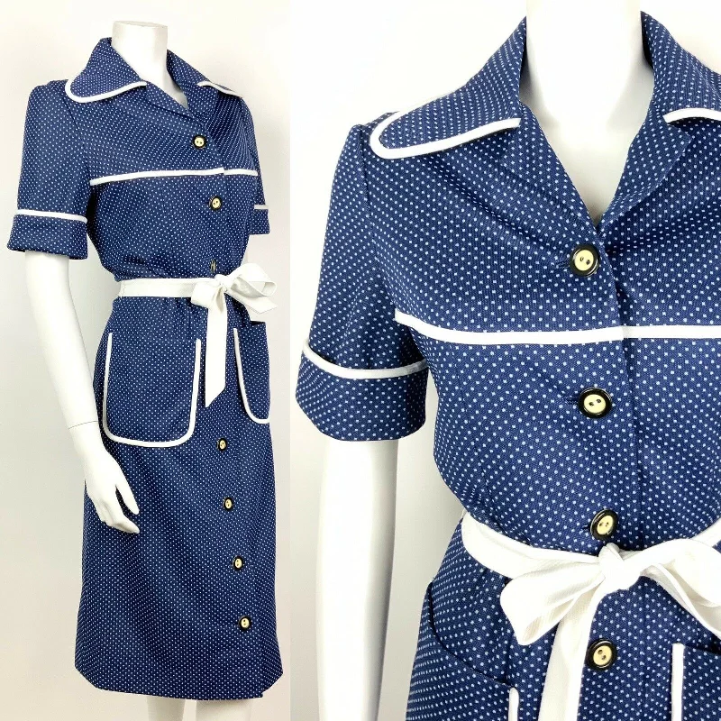 VINTAGE 60s 70s NAVY BLUE WHITE POLKA DOT BELTED WING COLLAR SHIRT DRESS 12 14