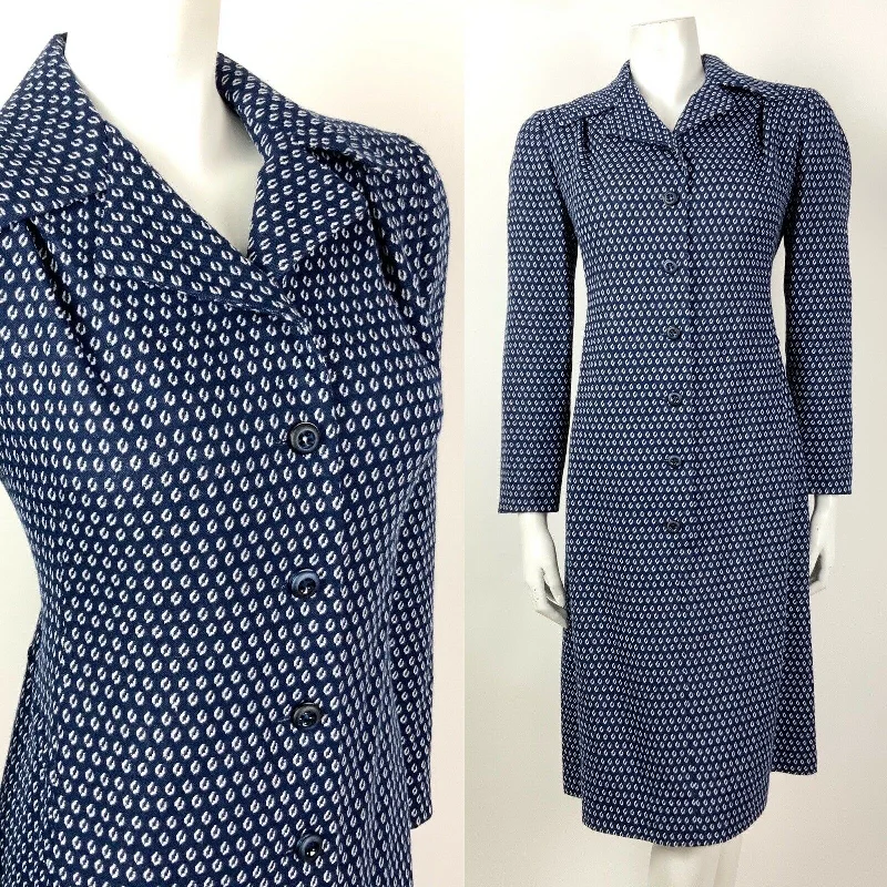 VINTAGE 60s 70s NAVY BLUE WHITE POLKA-DOT DAGGER COLLAR SHIRT DRESS 16