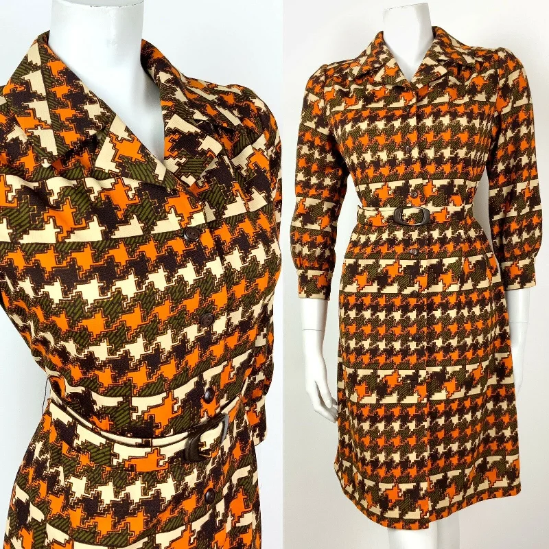 VINTAGE 60s 70s ORANGE BROWN GREEN CREAM GEOMETRIC HOUNDSTOOTH SHIRT DRESS 12 14