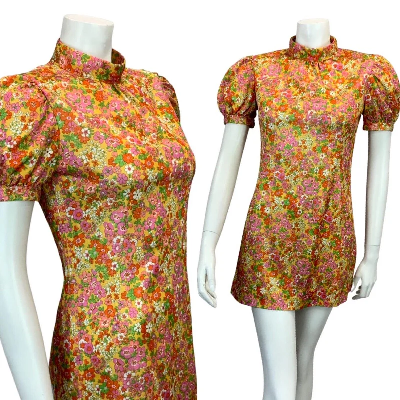 VINTAGE 60s 70s ORANGE PINK ORANGE RED GREEN FLORAL PRINT MIDI MOD DRESS 6 8