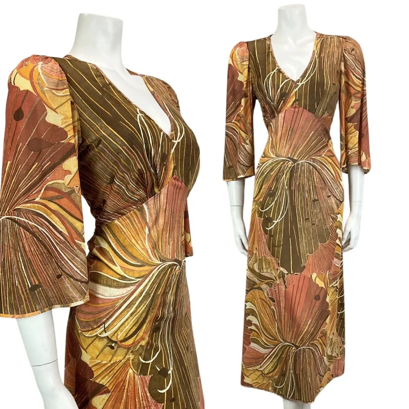 VINTAGE 60s 70s ORANGE TAN BROWN PSYCHEDELIC BOHO MIDI DRESS 12