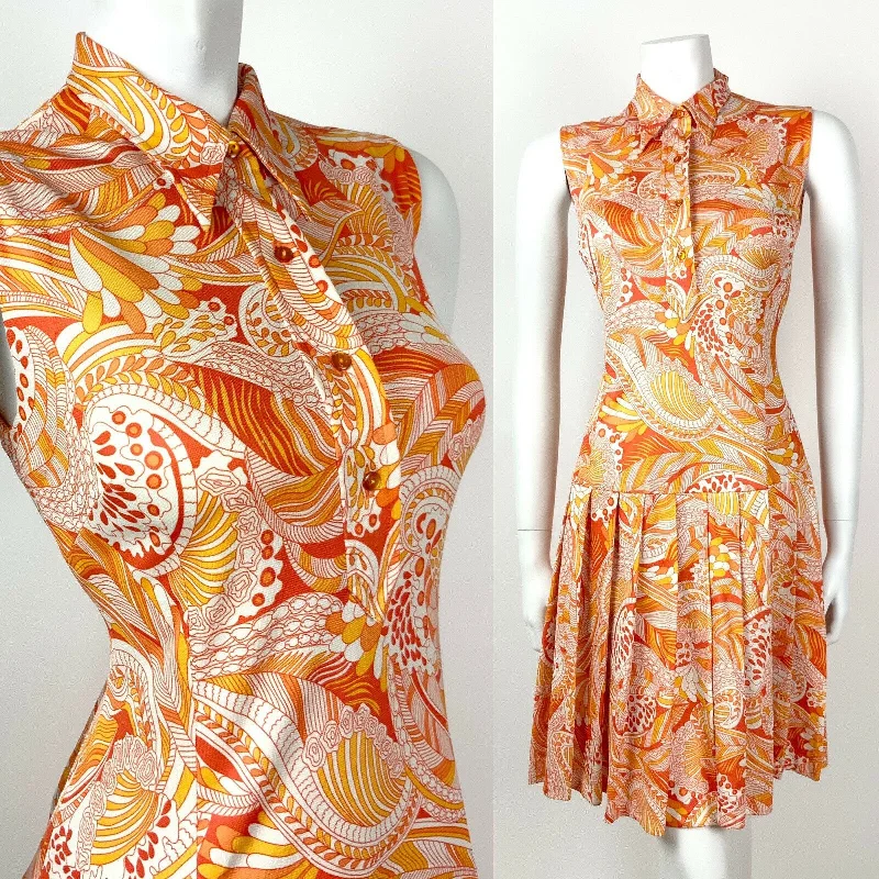 VINTAGE 60s 70s ORANGE YELLOW WHITE PSYCHEDELIC FLORAL DAGGER SHIRT DRESS 10