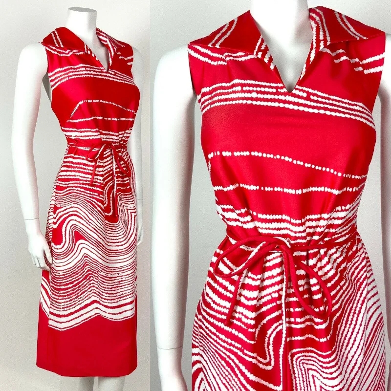 VINTAGE 60s 70s PILLARBOX RED WHITE STRIPED WAVY SLEEVELESS SHIRT DRESS 16 18