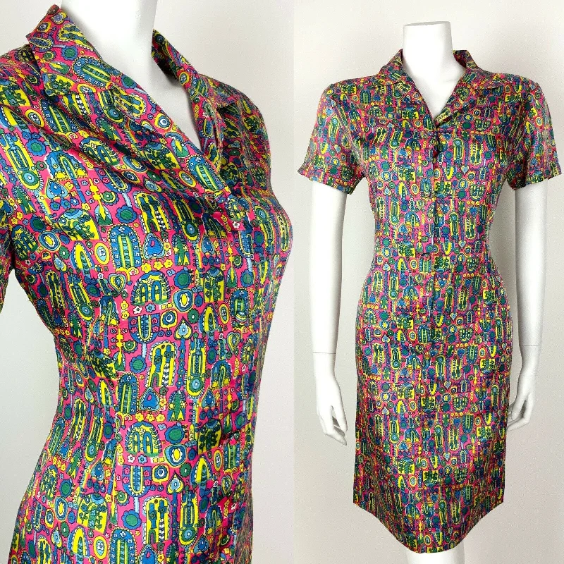 VINTAGE 60s 70s PINK BLUE GREEN YELLOW PSYCHEDELIC FLORAL SHIRT DRESS 12 14