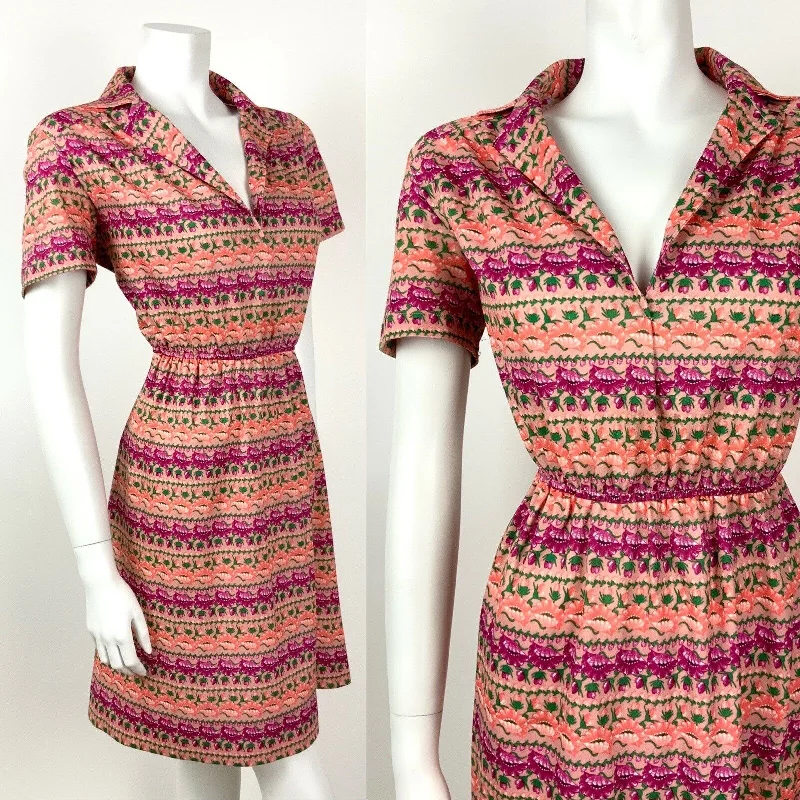 VINTAGE 60s 70s PINK ORANGE GREEN FLORAL STRIPED V-NECK SHIRT DRESS 12 14