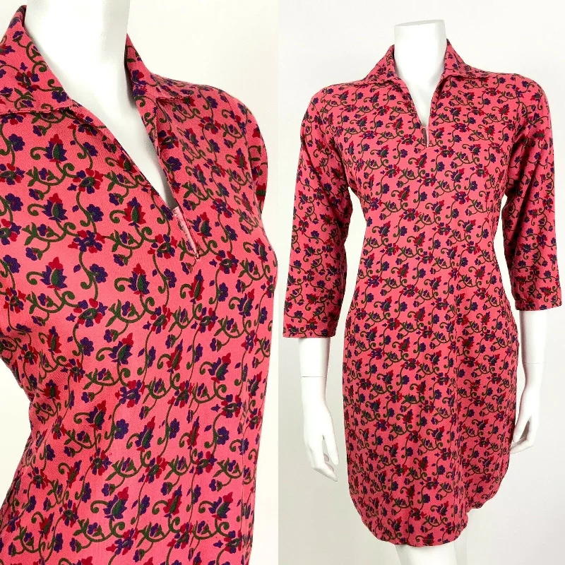 VINTAGE 60s 70s PINK RED BLUE GREEN FLORAL PSYCHEDELIC SWIRL SHIRT DRESS 12 14