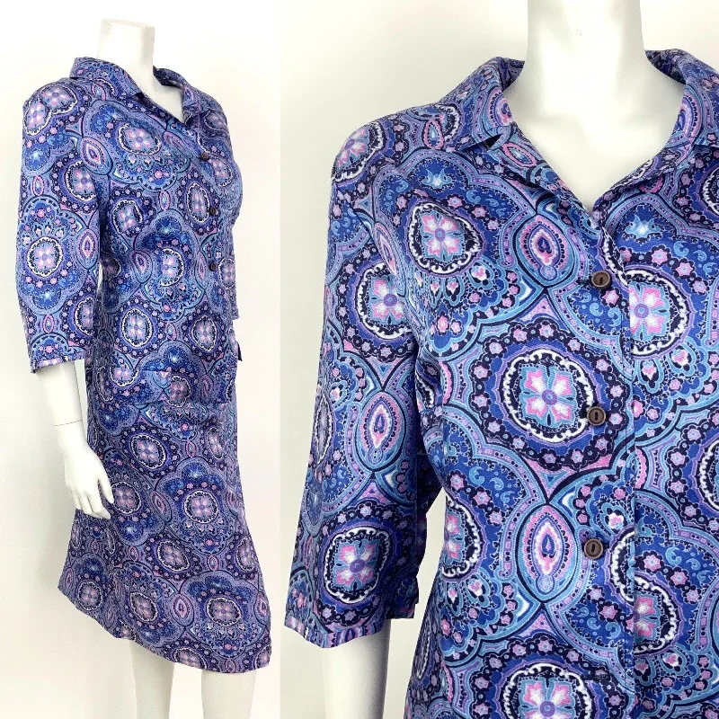 VINTAGE 60s 70s PURPLE BLUE PINK ARABESQUE FLORAL PSYCHEDELIC SHIRT DRESS 16 18