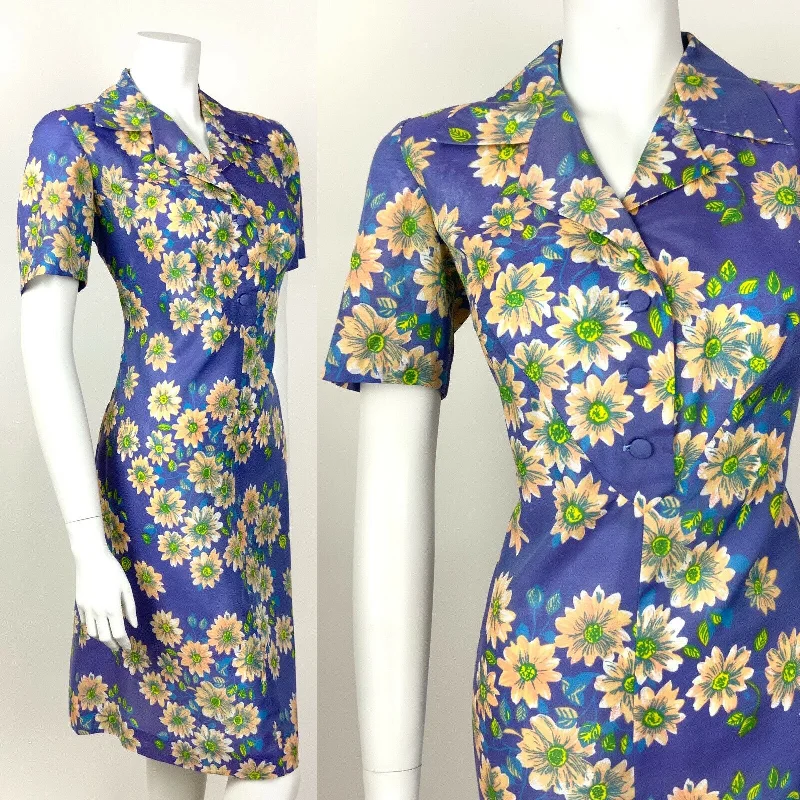 VINTAGE 60s 70s PURPLE PEACH BLUE YELLOW FLORAL DAGGER COLLAR SHIRT DRESS 12 14