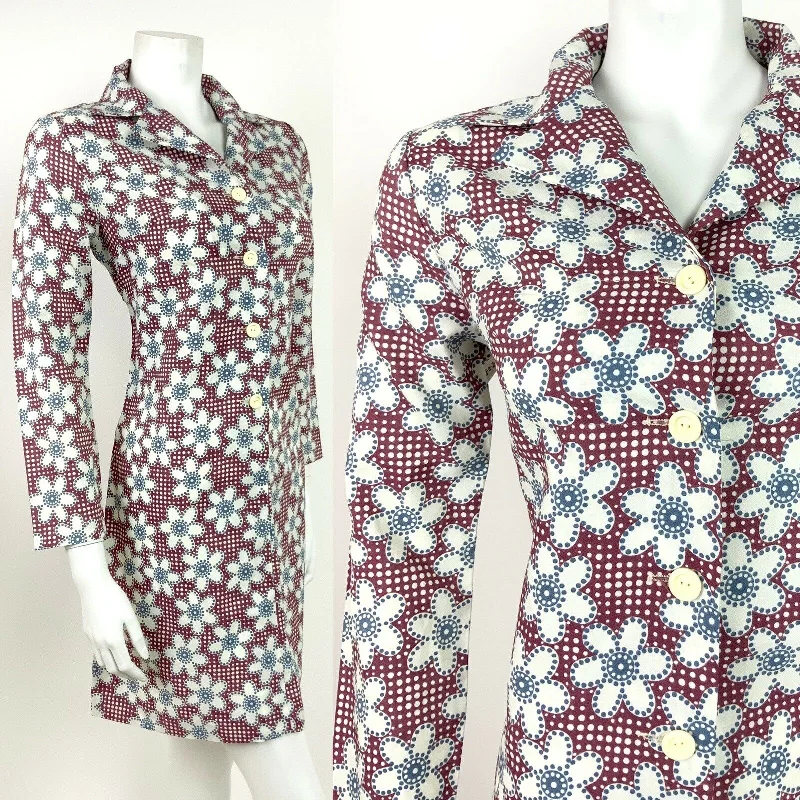 VINTAGE 60s 70s RED BLUE WHITE POLKA DOT FLORAL DAISY MOD SHIRT DRESS 8 10