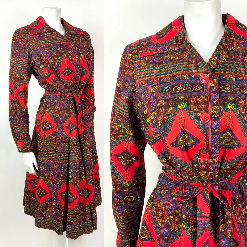 VINTAGE 60s 70s RED GREEN BLACK YELLOW PERSIAN FLORAL WING SHIRT DRESS 10 12