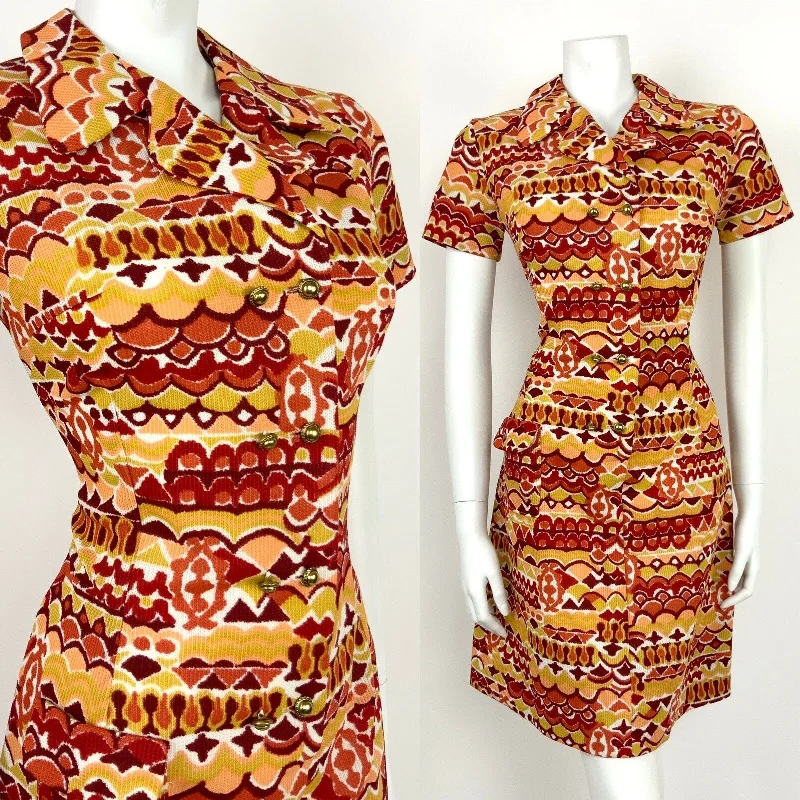 VINTAGE 60s 70s RED ORANGE YELLOW WHITE GOLD ABSTRACT PSYCHEDELIC SHIRT DRESS 12