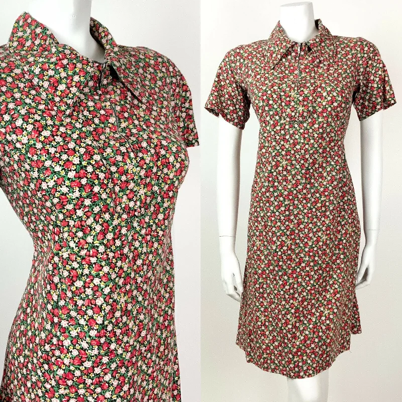 VINTAGE 60s 70s RED PINK GREEN FLORAL DITSY ROSE DAGGER SHIRT DRESS 12