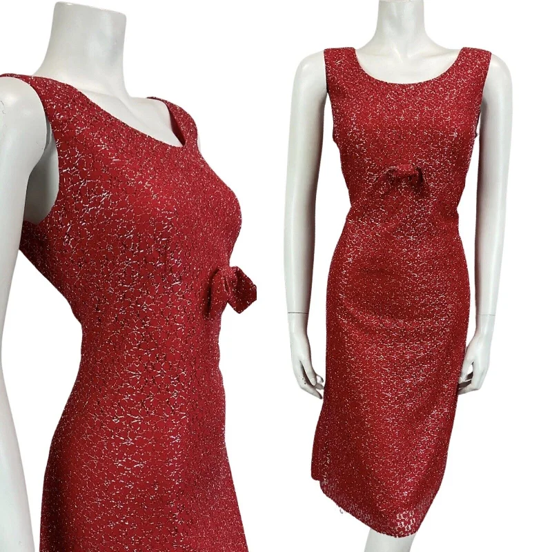 VINTAGE 60s 70s RED SILVER MOD DISCO MIDI PARTY CHRISTMAS EVENING DRESS 14