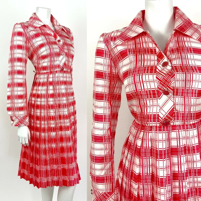 VINTAGE 60s 70s RED WHITE CHECKED PLAID MOD DAGGER COLLAR SHIRT DRESS 12