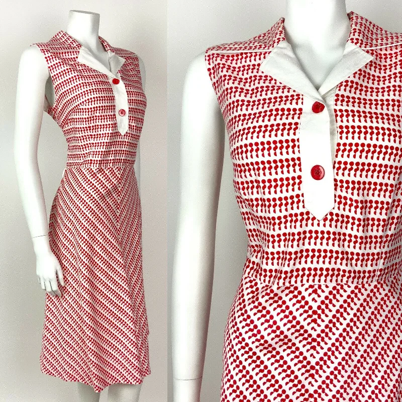 VINTAGE 60s 70s RED WHITE DOTTY GEOMETRIC SLEEVELESS SHIRT DRESS 12 14