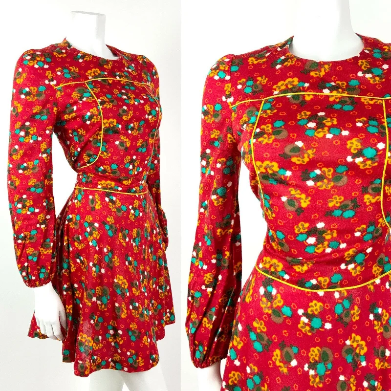 VINTAGE 60s 70s RED YELLOW BLUE FLORAL DITSY MOD PUFF SLEEVE MINI DRESS 8 10