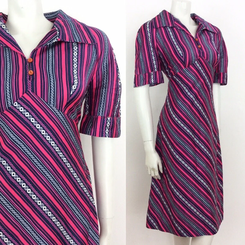 VINTAGE 60s 70s STRIPED CIRCLE GEOMETRIC SHIRT DRESS PINK BLUE WHITE 14