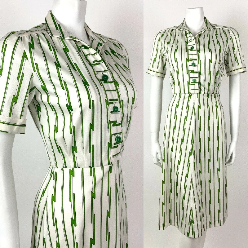 VINTAGE 60s 70s WHITE APPLE GREEN STRIPED BOLT MOD SHIRT DRESS 8 10