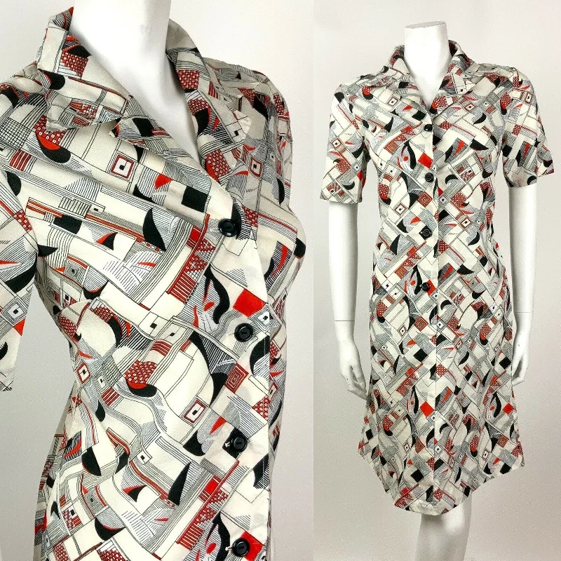 VINTAGE 60s 70s WHITE BLACK RED STRIPE GEOMETRIC CHECKED MOD SHIRT DRESS 12