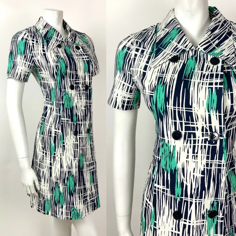 VINTAGE 60s 70s WHITE BLUE GREEN CROSS-HATCH STRIPED MOD DAGGER SHIRT DRESS 8 10