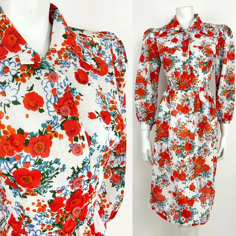 VINTAGE 60s 70s WHITE BLUE GREEN RED FLORAL POPPY DAGGER SHIRT DRESS 10