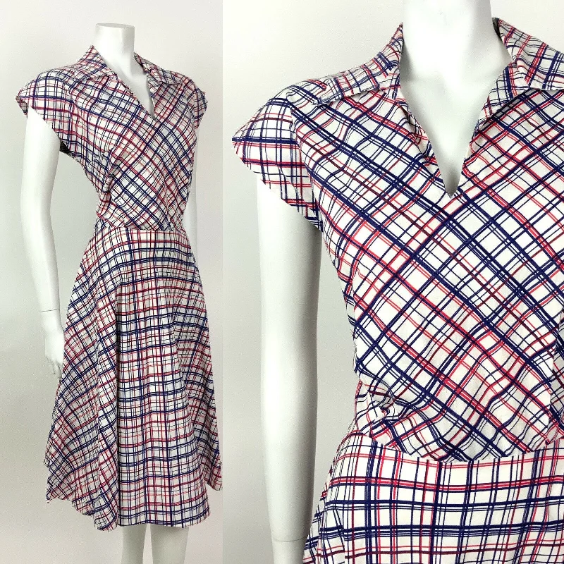 VINTAGE 60s 70s WHITE BLUE RED GRID CHECKED MOD WING SHIRT DRESS 10 12