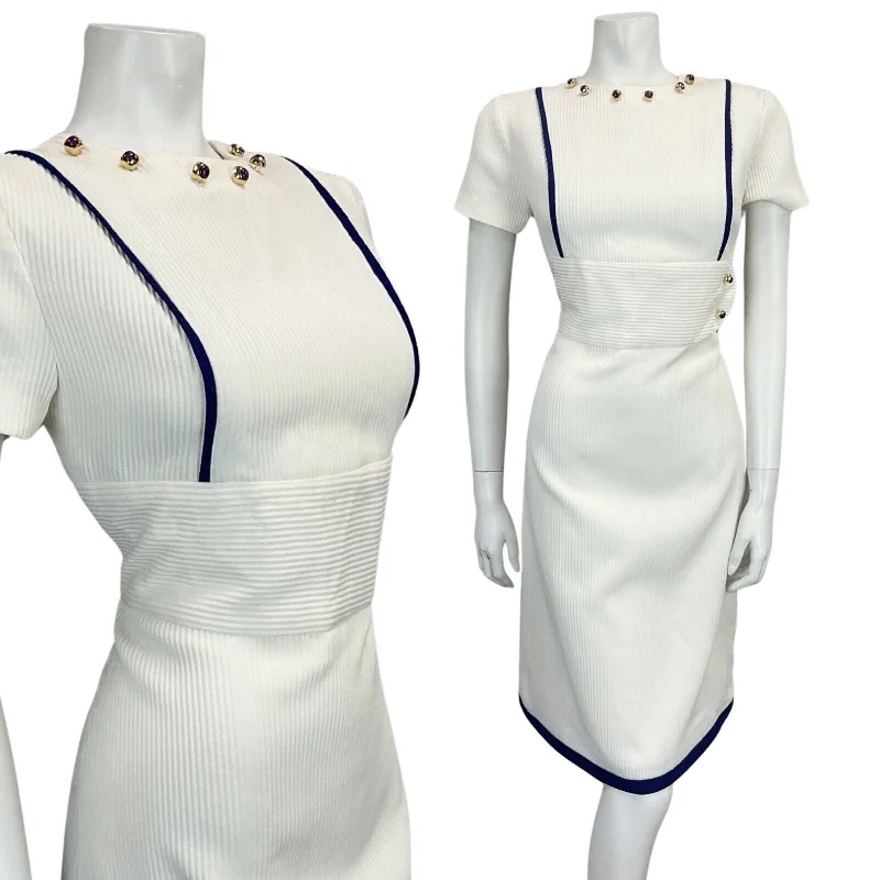 VINTAGE 60s 70s WHITE NAVY GOLD DETAIL TEXTURED MOD MIDI DRESS 10 12