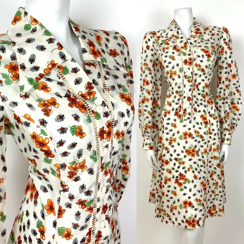 VINTAGE 60s 70s WHITE ORANGE GREEN FLORAL BEETLE DAGGER SHIRT DRESS 14 16