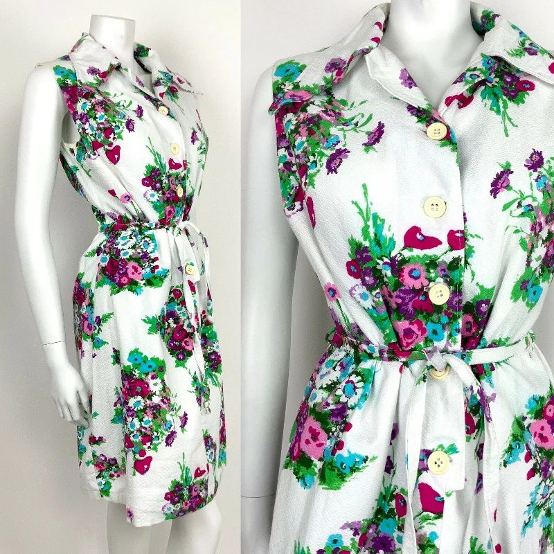 VINTAGE 60s 70s WHITE PINK PURPLE GREEN BOUQUET FLORAL WINGED SHIRT DRESS 12 14