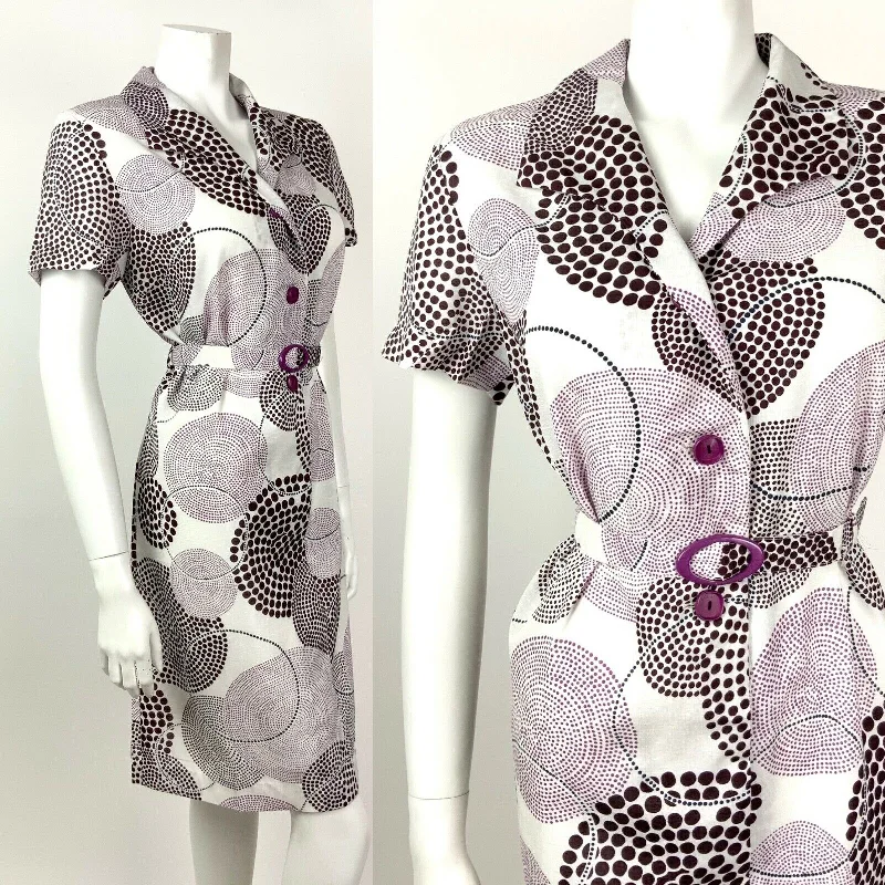 VINTAGE 60s 70s WHITE PURPLE BROWN DOTTY GEOMETRIC CIRCLE BELTED SHIRT DRESS 12