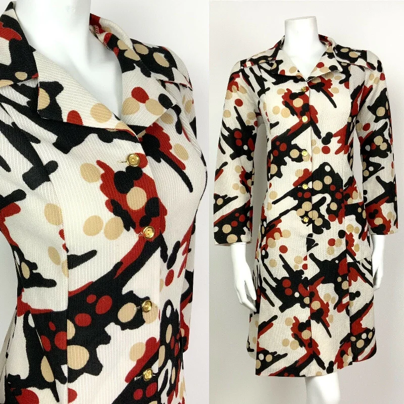 VINTAGE 60s 70s WHITE RED BLACK BEIGE ABSTRACT DOTTY DAGGER SHIRT DRESS 14 16