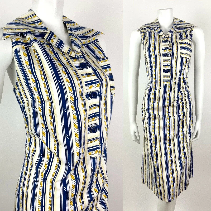 VINTAGE 60s 70s WHITE YELLOW BLUE STRIPED NAUTICAL ROPE DAGGER SHIRT DRESS 16