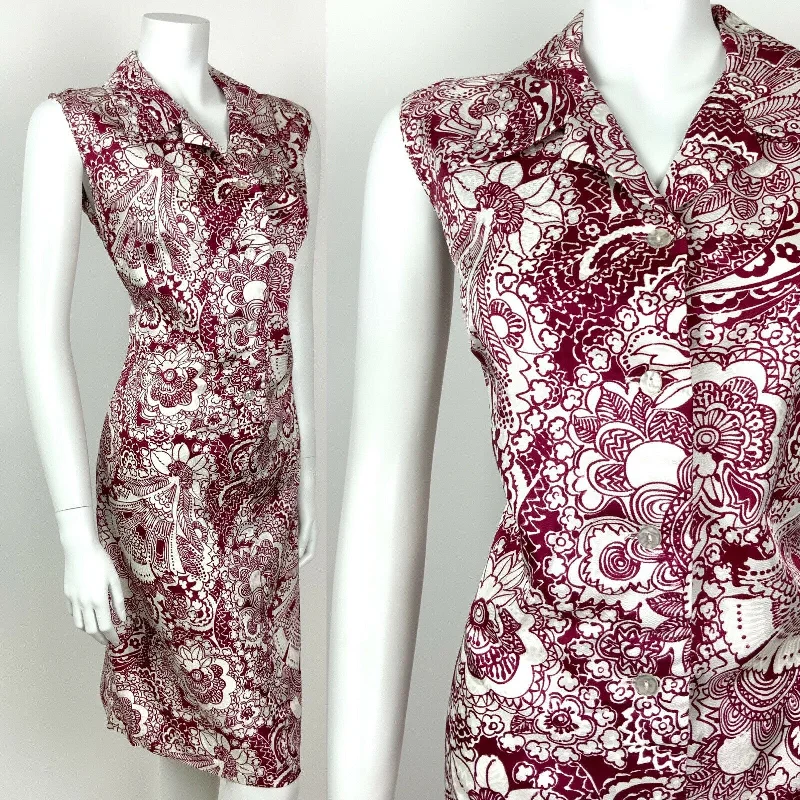 VINTAGE 60s 70s WINE RED WHITE PSYCHEDELIC FLORAL PAISLEY BATIK SHIRT DRESS 12 1