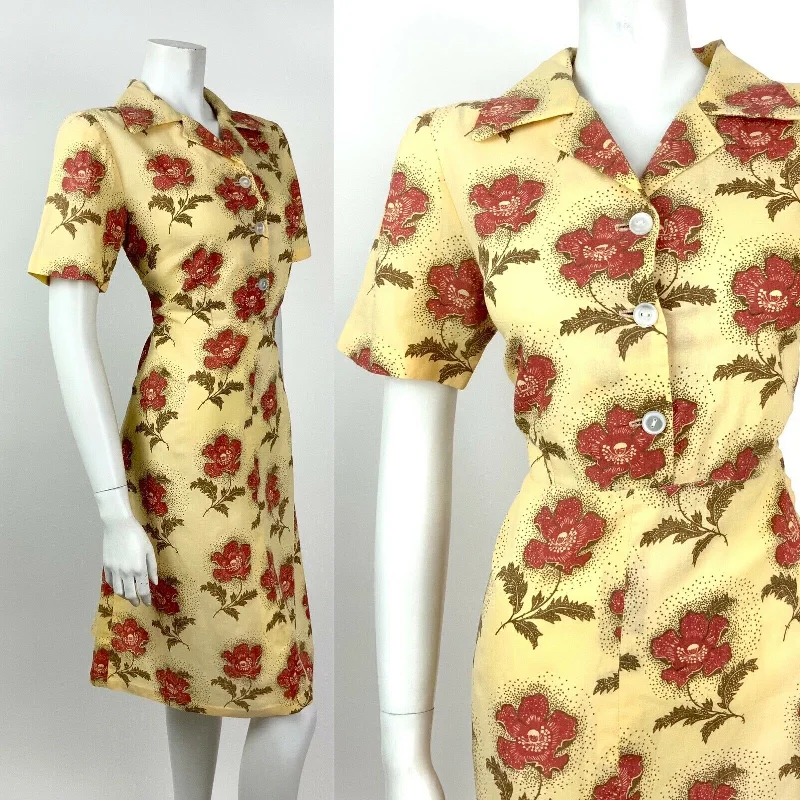 VINTAGE 60s 70s YELLOW BROWN RED FLORAL DOTTY DAGGER COLLAR SHIRT DRESS 12 14