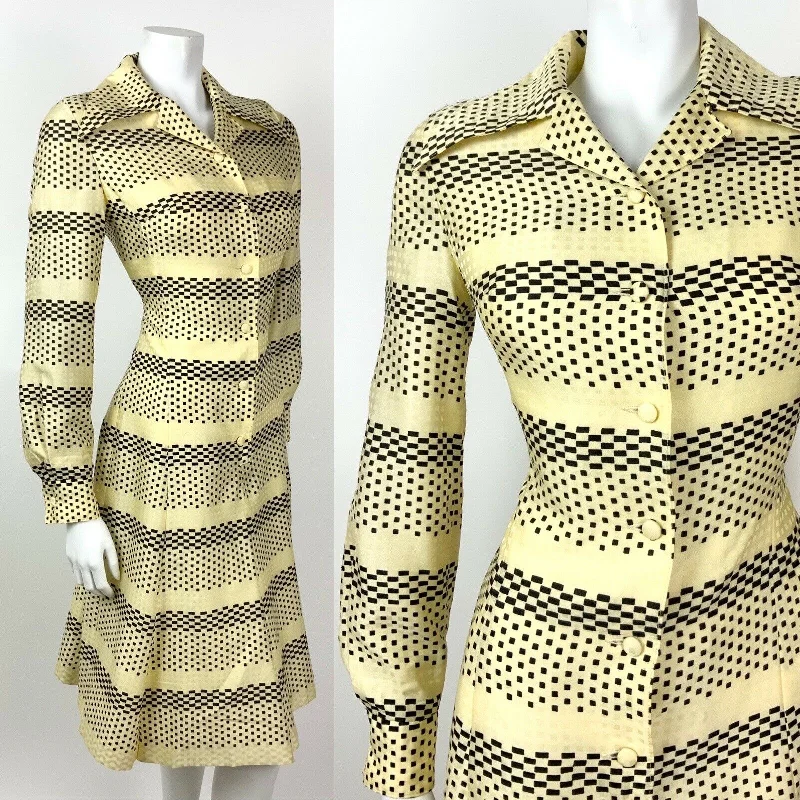 VINTAGE 60s 70s YELLOW CREAM BLACK CHECKERBOARD STRIPED DAGGER SHIRT DRESS 10