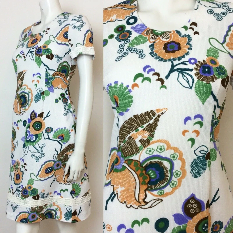 VINTAGE 60S FLORAL MINI DRESS WHITE ORANGE BROWN GREEN PURPLE 10 12