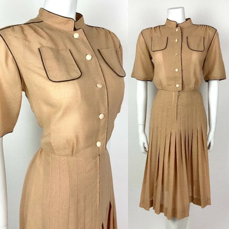 VINTAGE 70s 80s CAMEL BROWN MANDARIN COLLAR PLEATED SUMMER SHIRT DRESS 10