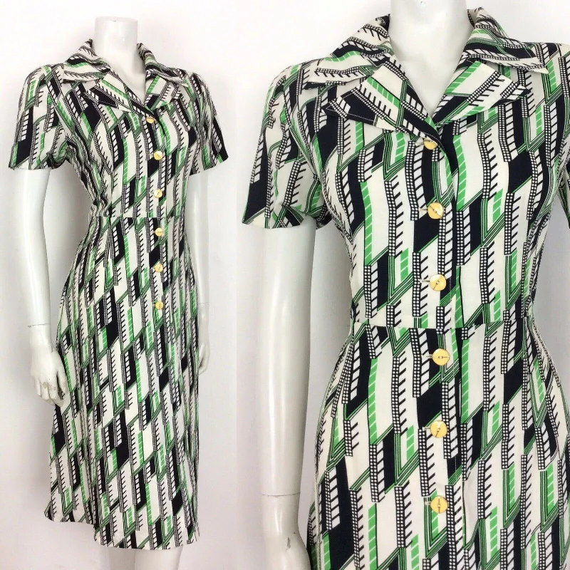 VINTAGE 70s SHIRT DRESS ABSTRACT GEOMETRIC GREEN BLACK WHITE 12 14