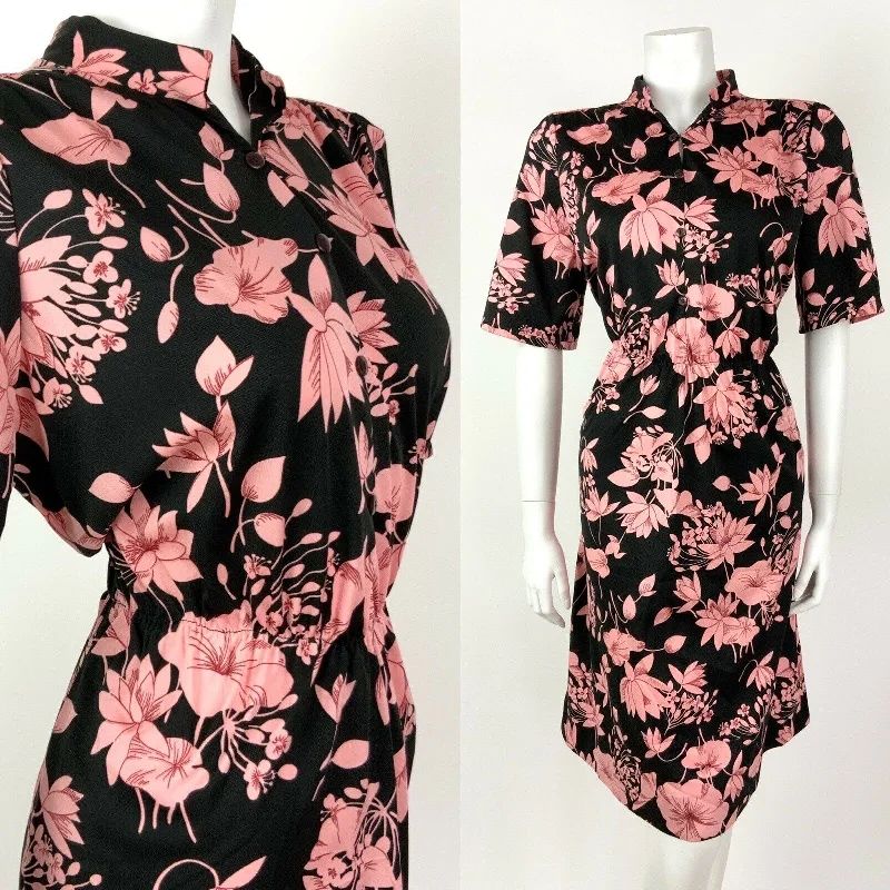 VTG 60s 70s BLACK BABY PINK RED FLORAL MANDARIN COLLAR BLOUSON SHIRT DRESS 12 14