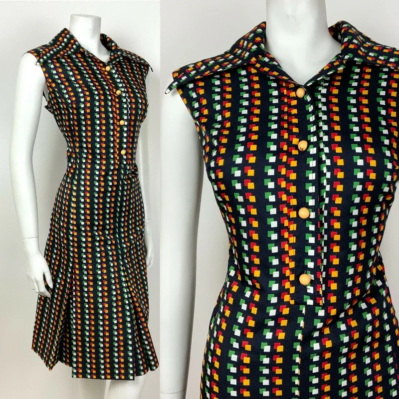 VTG 60s 70s BLACK GREEN RED WHITE YELLOW GEOMETRIC WING COLLAR SHIRT DRESS 14 16