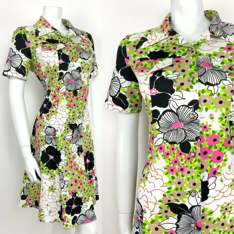 VTG 60s 70s BLACK WHITE PINK GREEN BEIGE PSYCHEDELIC FLORAL DITSY SHIRT DRESS 16