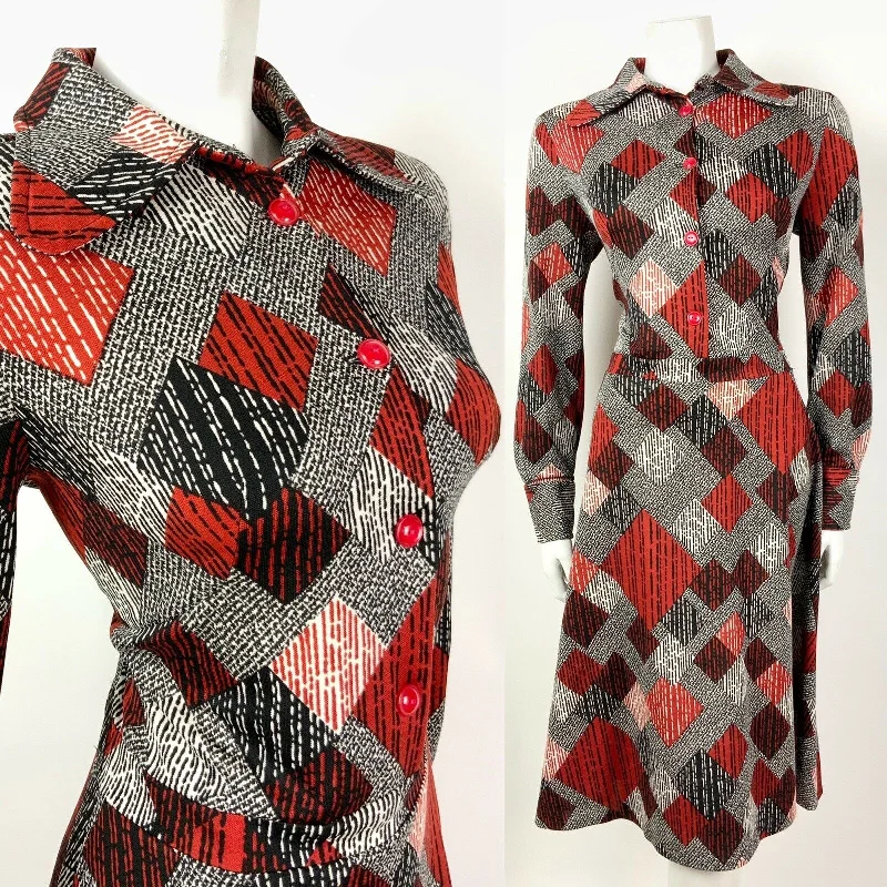 VTG 60s 70s BLACK WHITE RED GEOMETRIC STRIPED DOG EAG COLLAR SHIRT DRESS 14 16